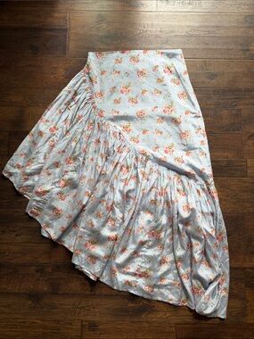 Abercrombie & Fitch  Blue Asymmetrical Floral Pleated Skirt with Pink Flowers